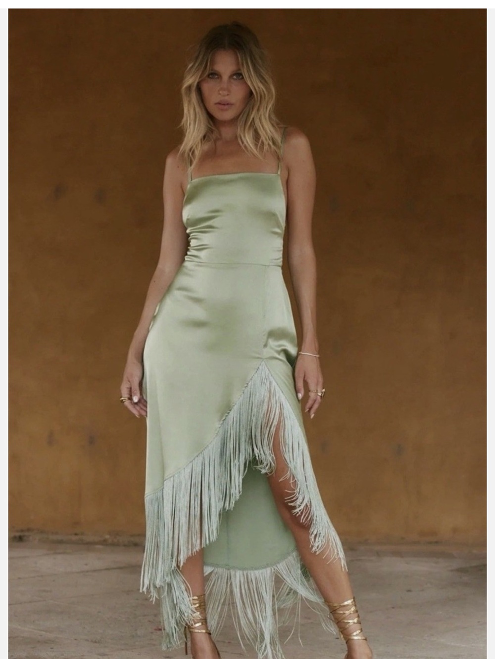 12th Tribe Monet Sage Fringe Satin Maxi Dress